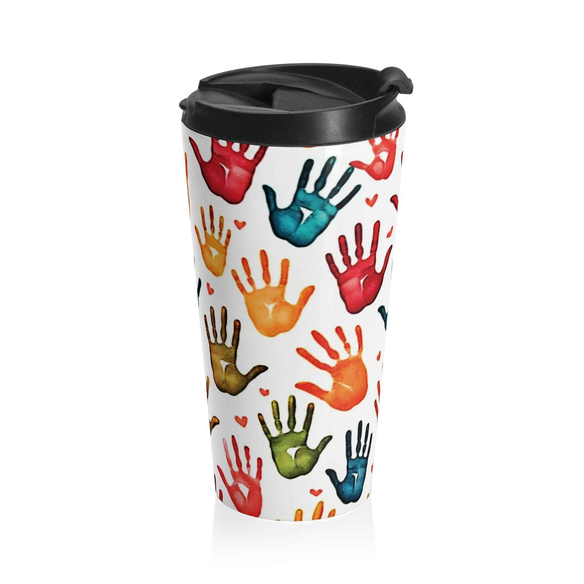 Travel Mug — Colorful Handprint Pattern Stainless Steel Tumbler (Kids & Teachers Gift)