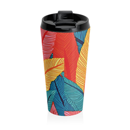 Tropical Feather Stainless Steel Travel Mug — Colorful Leaf Pattern, Insulated Coffee Tumbler