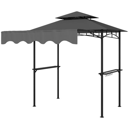 8' x 7.6' Grill Gazebo, Double Tiered Barbecue Grill Gazebo Shelter w/ Side Awning, 2 Side Shelves, 6 Hooks, Beige