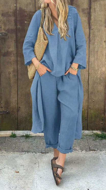 2pcs Long-sleeved Suits Loose V-neck Long Top And High Waist Wide Leg Pants With Pockets Women's Clothing