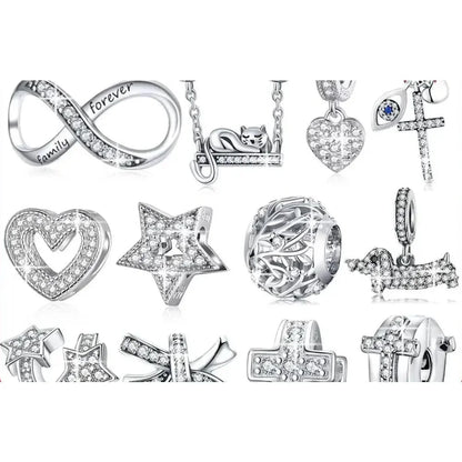 925 Sterling Silver Clear 5A Crystal Collection Family Heart X-Shape Charm Beads for Charm Bracelet & Necklace Pendant