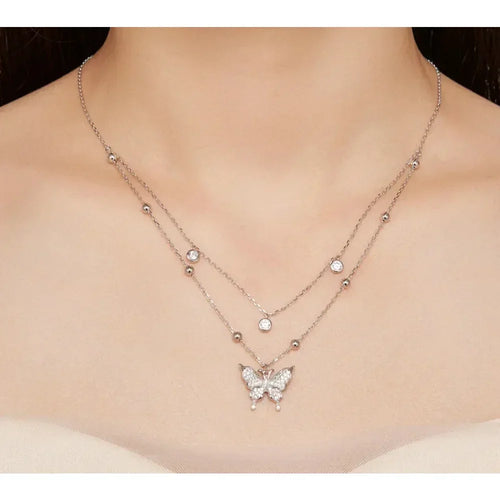 925 Sterling Silver Double-layer Tassel Butterfly Pendant Necklace for Women - Elegant Fine jewelry