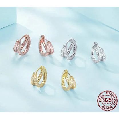 925 Sterling Silver Elegant Geometry Zircon Crystal Double Rings Ear Hoop Earrings