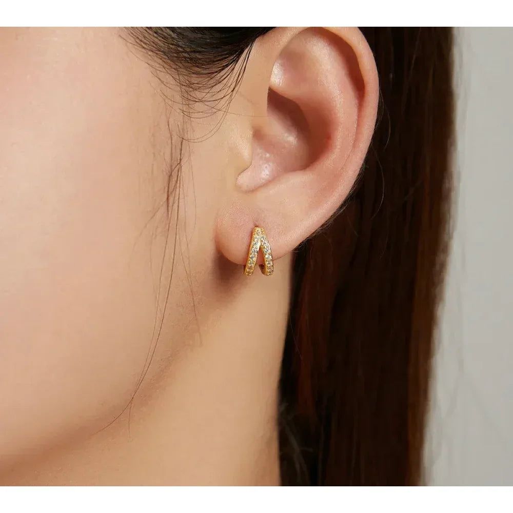 925 Sterling Silver Elegant Geometry Zircon Crystal Double Rings Ear Hoop Earrings