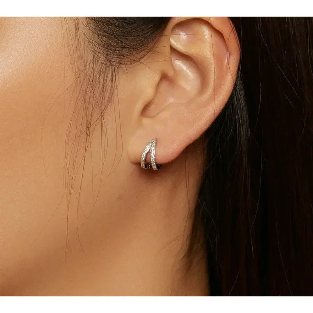 925 Sterling Silver Elegant Geometry Zircon Crystal Double Rings Ear Hoop Earrings