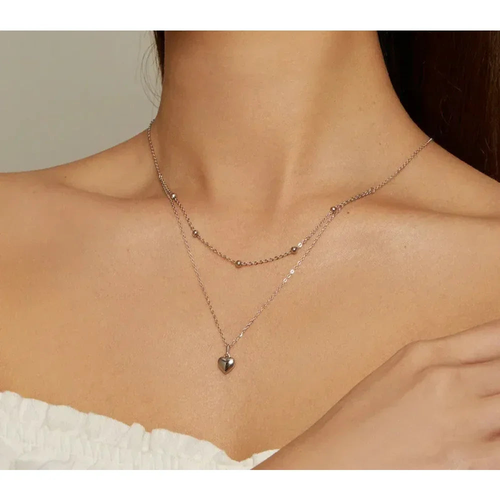 925 Sterling Silver Heart Pendant Necklace - Elegant Double Layer Choker For Women - Bsn168