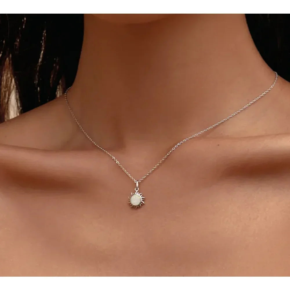925 Sterling Silver White Opal Sun Pendant Necklace - Apollo Chain for Women