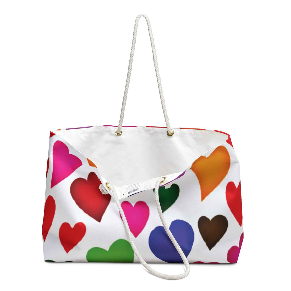 Colorful Heart Pattern Weekender Bag | Large Tote, Rainbow Hearts Travel Bag
