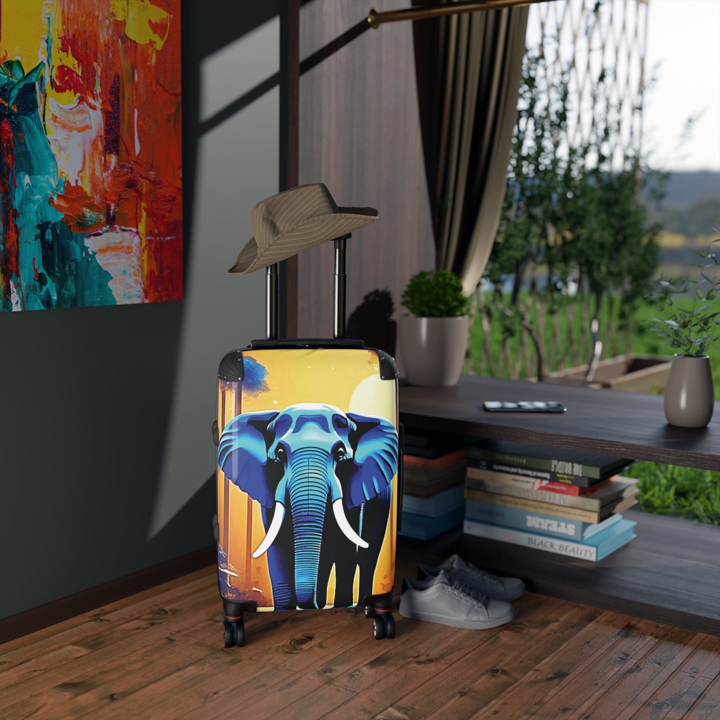 Elephant Sunset Suitcase — Vibrant Travel Luggage with Blue Elephant Design