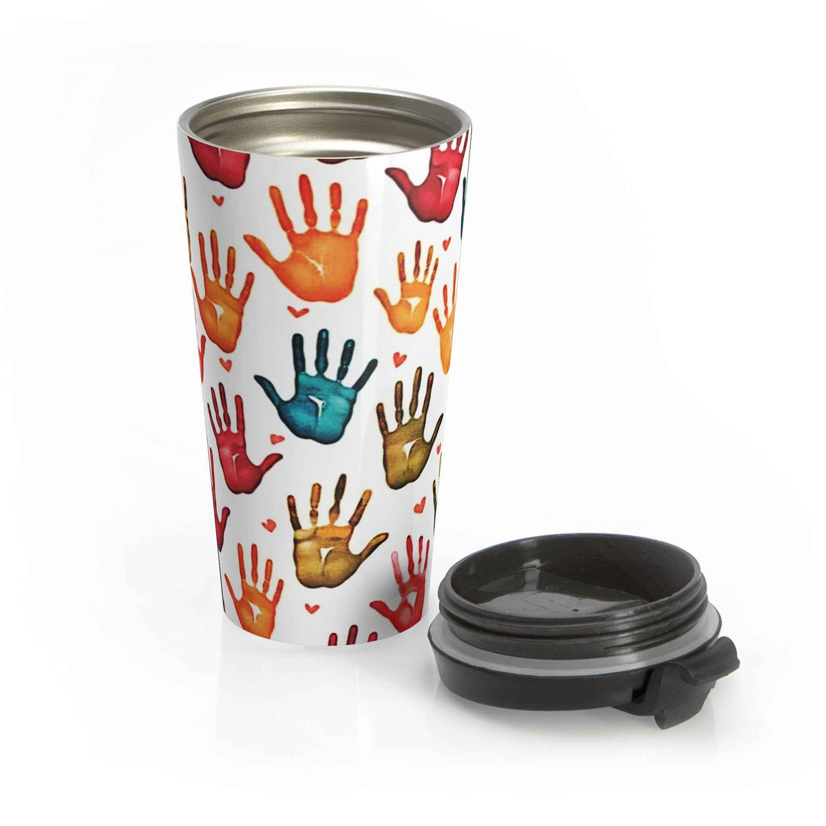 Travel Mug — Colorful Handprint Pattern Stainless Steel Tumbler (Kids & Teachers Gift)