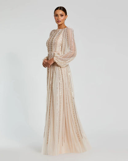Boat Neck Long Sleeve Gown With Striped Beading