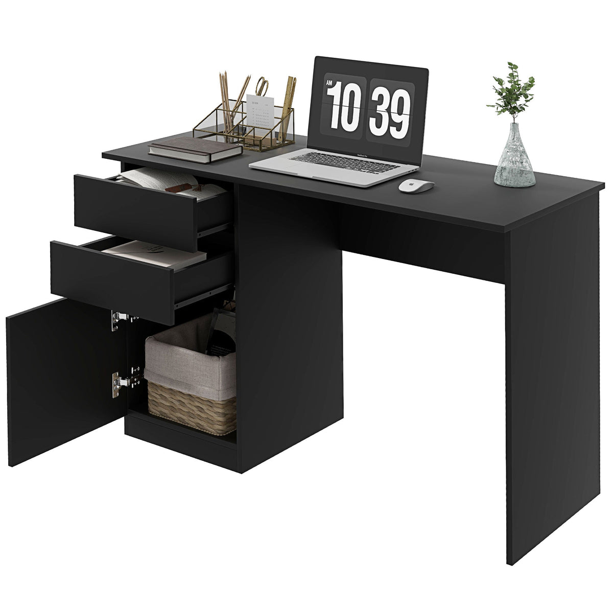 Modern Computer Desk, Home Office Desk for Study, Writing Workstation with Storage Drawer and Cabinet for Living Room, White