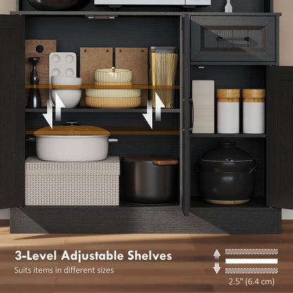71" Pantry Cabinet with Charging Station, Kitchen Storage Cabinet with Microwave Stand, Adjustable Shelves, Black