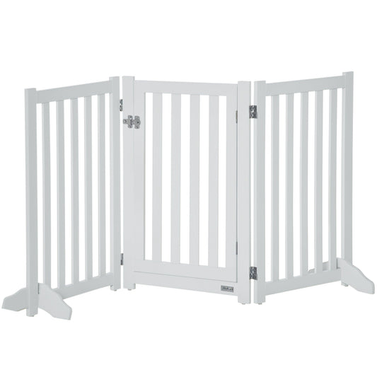 31.5"H Foldable Dog Gate with Door, 3 Panels Freestanding Pet Gate Barriers Indoor with Support Feet, Puppy Fence for Small Medium Dogs, White