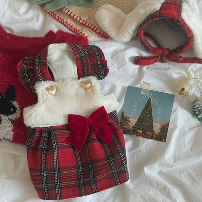 Winter Bunny Dress for Dogs – Red Plaid Dog Dress with Hat