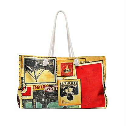 Vintage Travel Postcards Weekender Bag | Retro Stamp Collage, Large Tote Bag