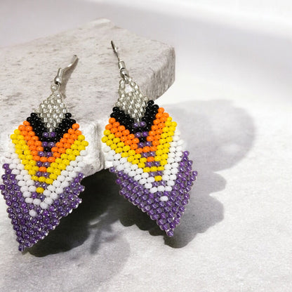 purple and silver Beaded Feather Drop Earrings