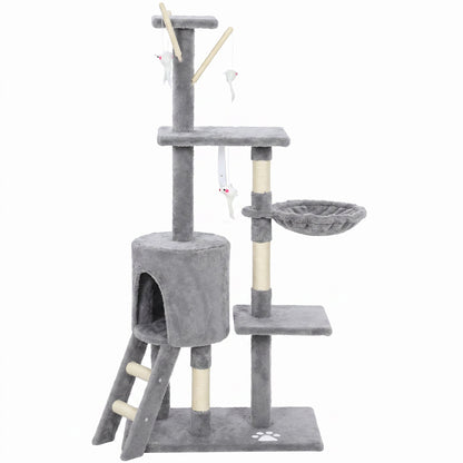 53" Cat Tree Tower, Kitten Activity Centre with Scratching Posts, Condo, Perches, Ladder, Hammock, Dangling Toys, Grey