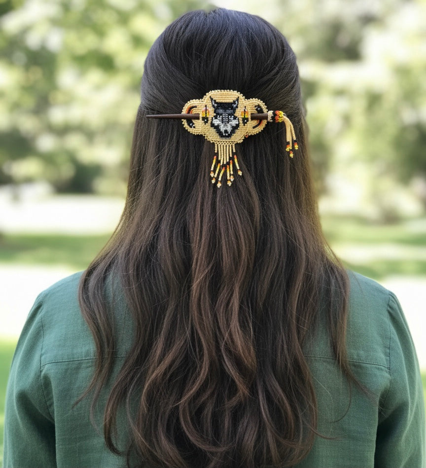 Wolf Fringed Beaded Barrette & Wooden Stick