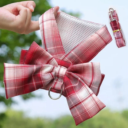 Heritage Plaid Bow Dog Harness and Leash Set | Dog Walking Outfit