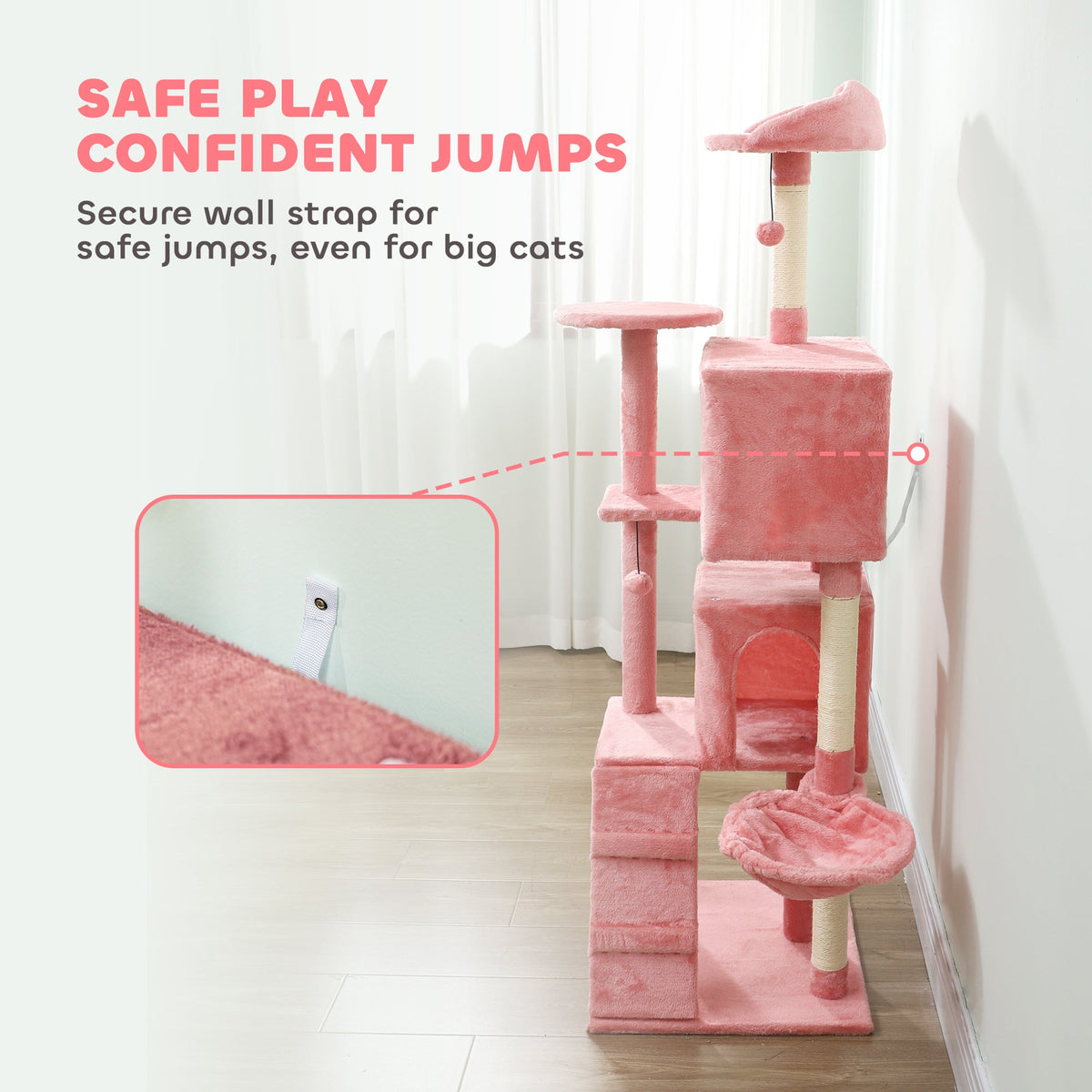 63 Inch Cat Tree with Sisal Scratching Posts, Condos, Plush Perches, Hammock, Ladder, Dangling Balls, Beige