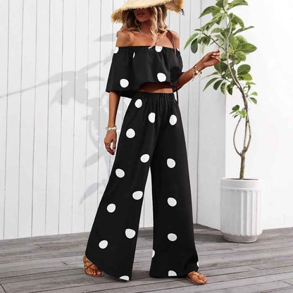 Womens Elegant Resort Polka-Dot Tube Top And Pants Set
