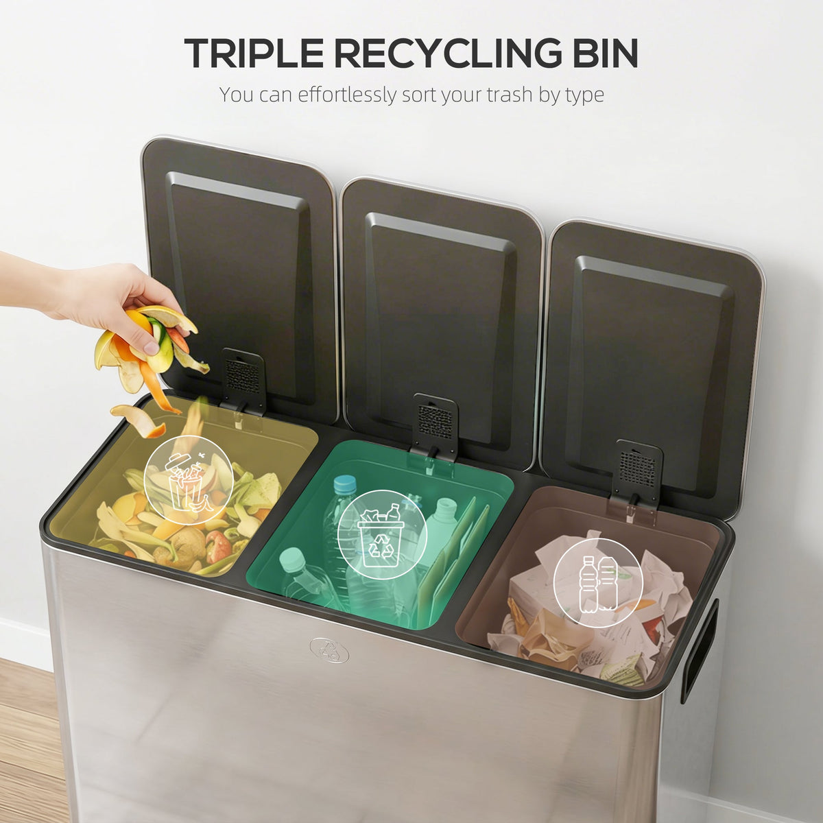 Garbage Bin, Soft-Close Trash Can with Foot Pedal, 3x5 Gallon (3x20 L) Garbage Can with Removable Inner Buckets, Black