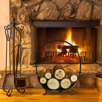 16" Firewood Log Rack Curved Fireplace Log Holder Wood Storage Basket Carrier with Flexible Handle, for Outdoor and Indoor Use, Black