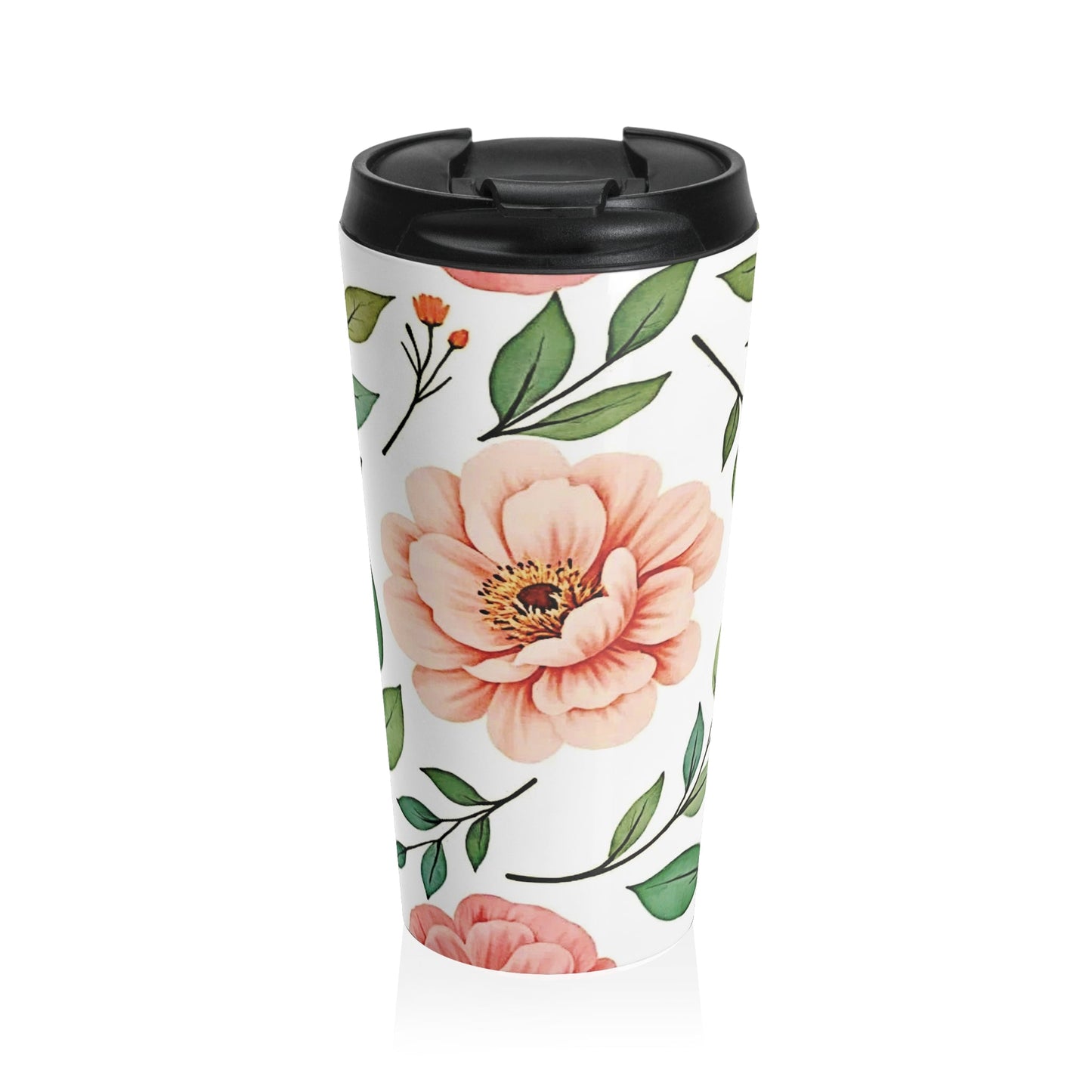 Peach Floral Pattern Stainless Steel Travel Mug | Botanical Leaves
