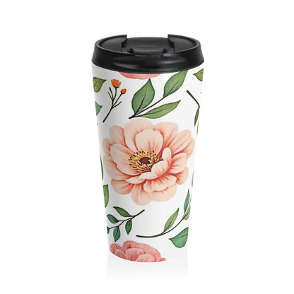 Peach Floral Pattern Stainless Steel Travel Mug | Botanical Leaves