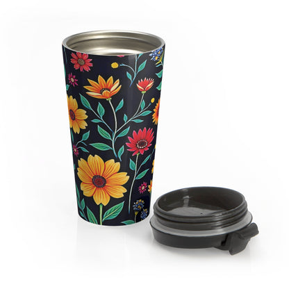 Colorful Floral Pattern Stainless Steel Travel Mug | Black Background