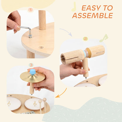 Toddler Drum Set, 4-in-1 Musical Instruments for Kids 2+, Gifts for Girls Boys Birthday, Natural Wood