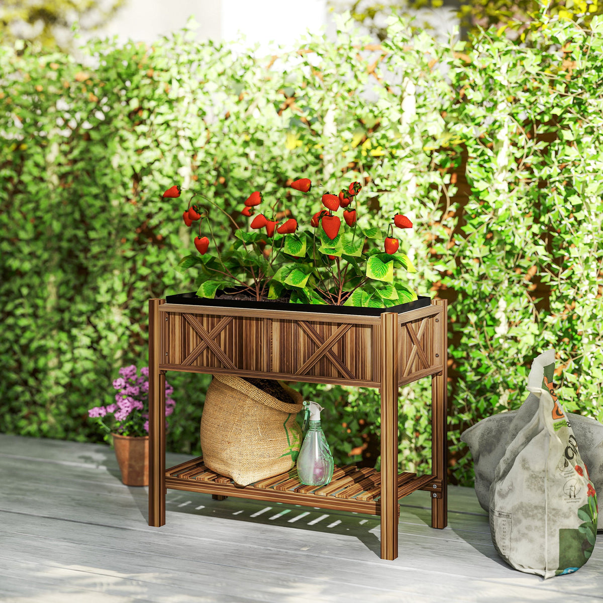 Wooden Raised Garden Bed, Elevated Planter Box with Storage Shelf, Drainage Holes and Liner, 34" x 18" x 30", Black