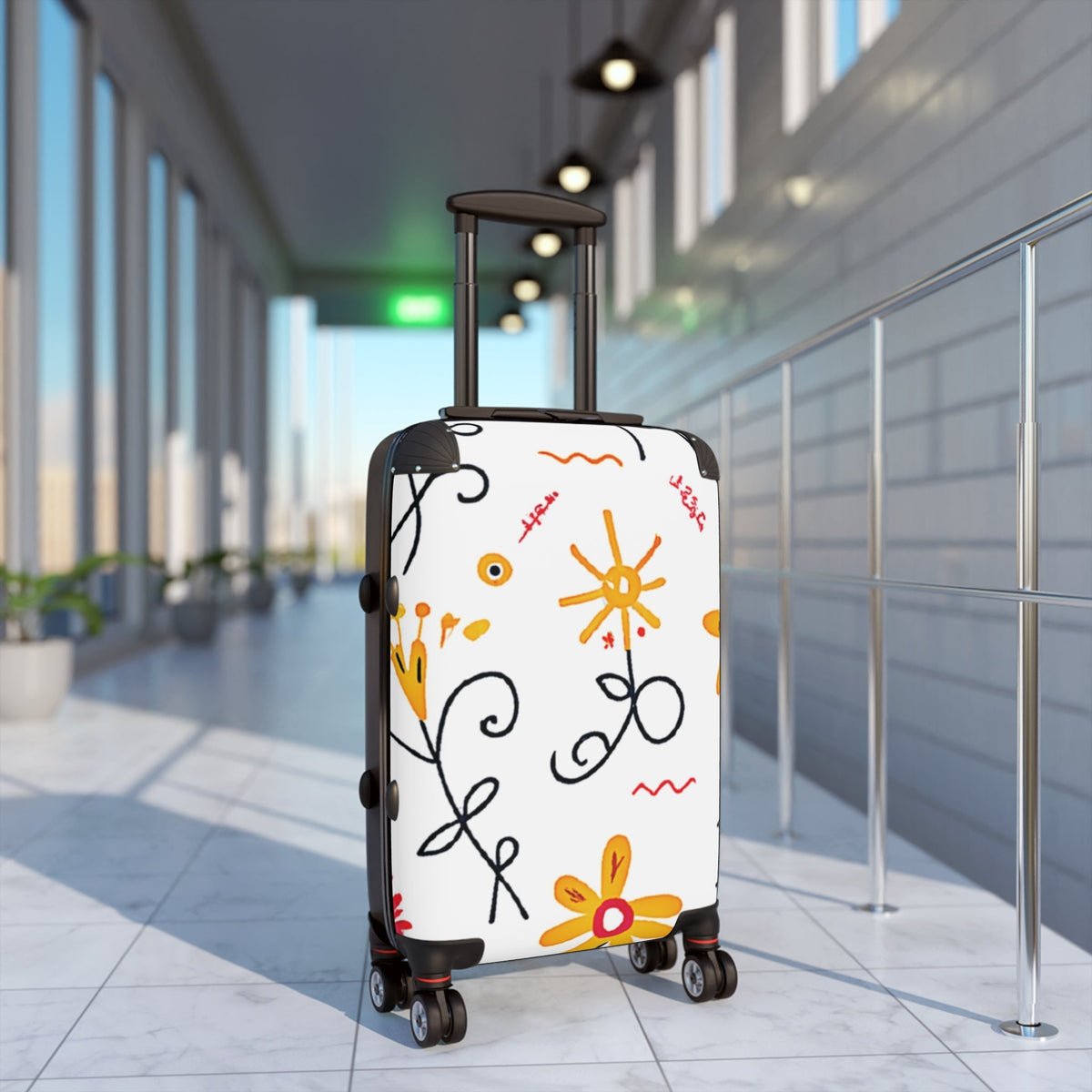 Floral Doodle Suitcase – Yellow Flower Pattern Carry-On Luggage