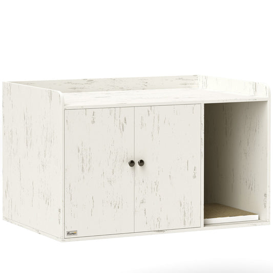 32" Cat Litter Box Enclosure with Scratching Mat, Cat Entrance, Fit Most of Cat and Litter Box, Distressed White