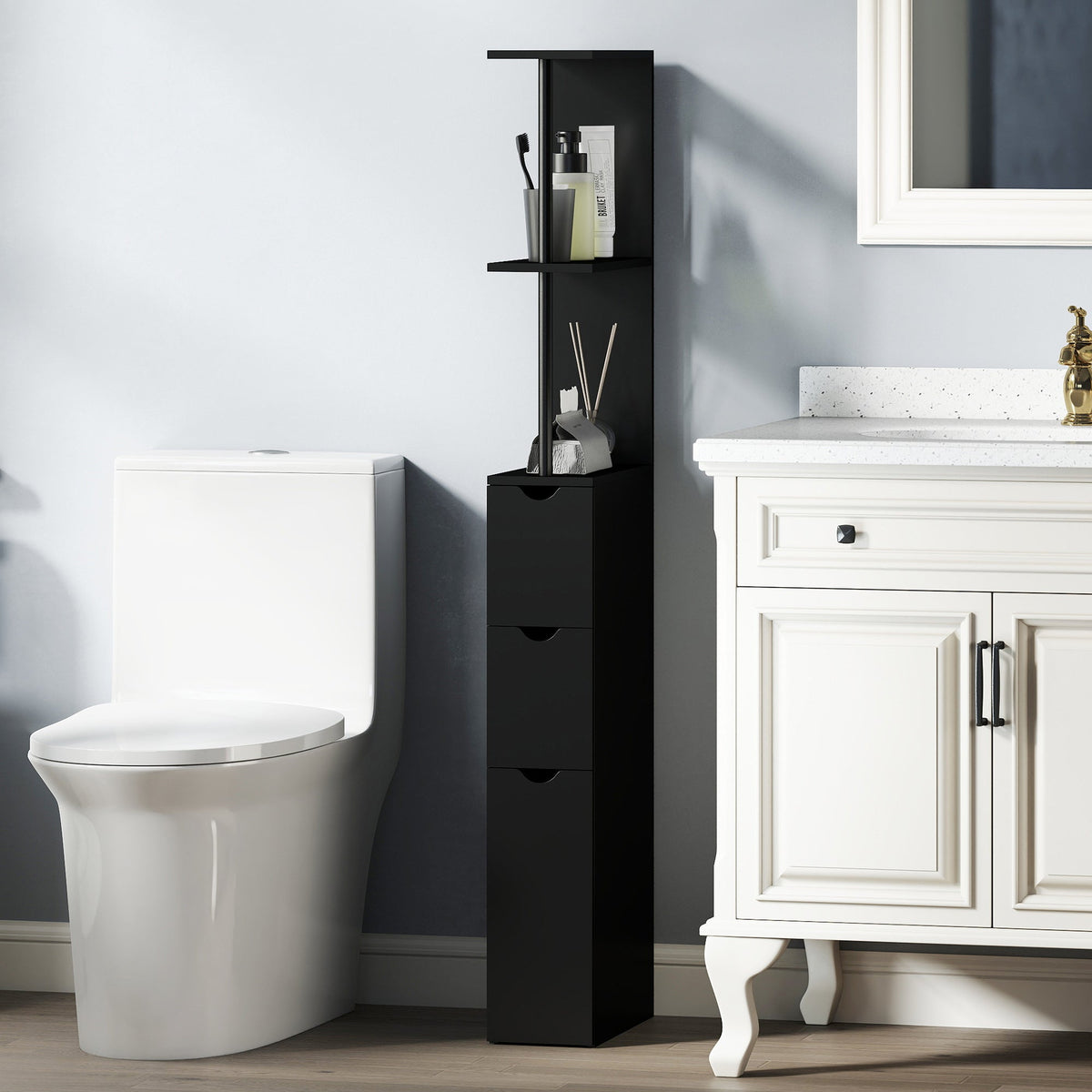 Tall Bathroom Storage Cabinet, Narrow Bathroom Cabinet with Drawers and Open Shelves for Small Spaces, White and Grey