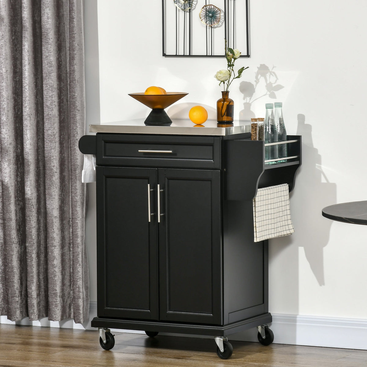Kitchen Island with Stainless Steel Top, Rolling Kitchen Cart on Wheels with Storage Drawer, Cabinet, Towel Rack and Spice Rack (Black)