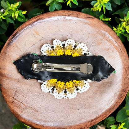 Handmade Beaded Sunflower Hair Clip- White and grey