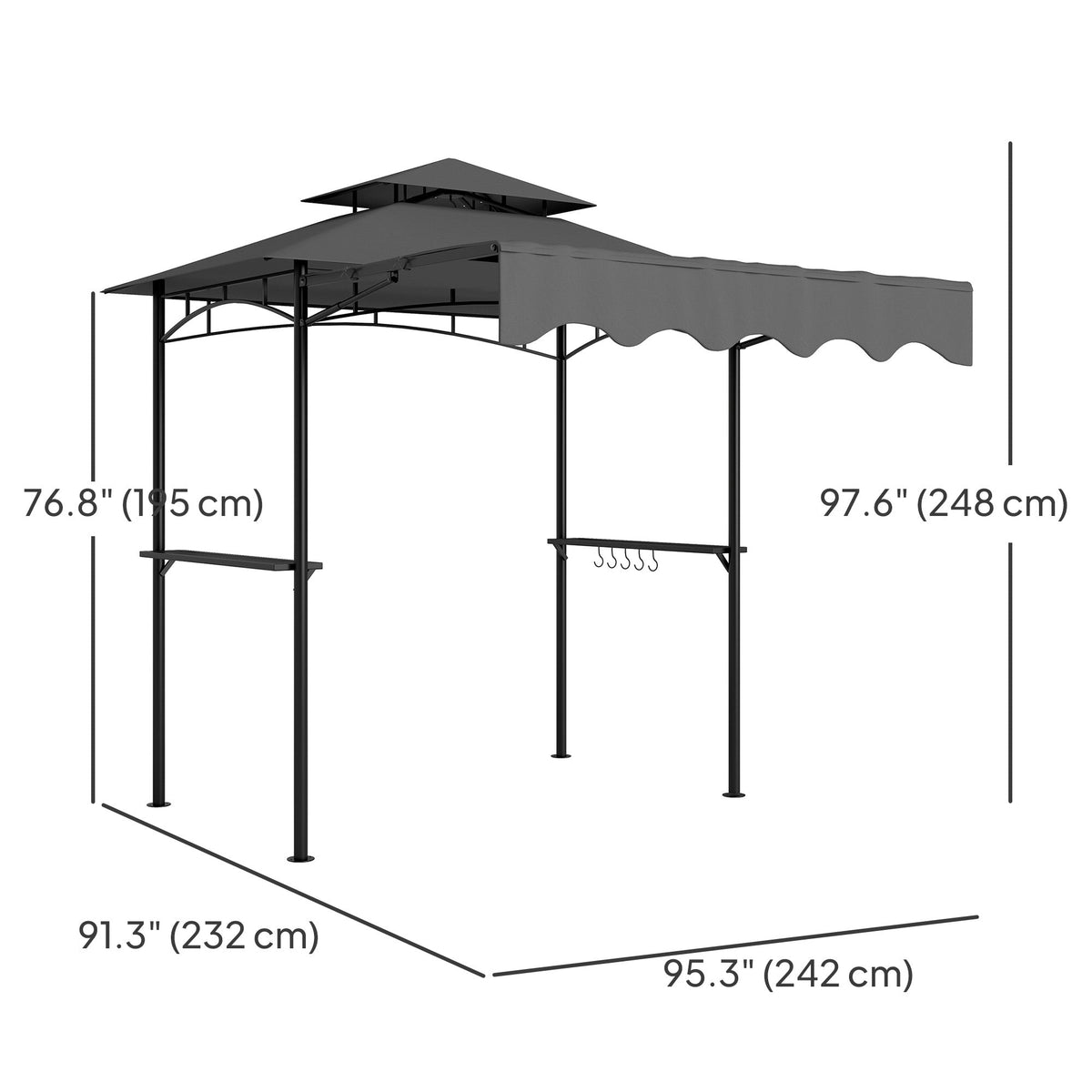 8' x 7.6' Grill Gazebo, Double Tiered Barbecue Grill Gazebo Shelter w/ Side Awning, 2 Side Shelves, 6 Hooks, Beige