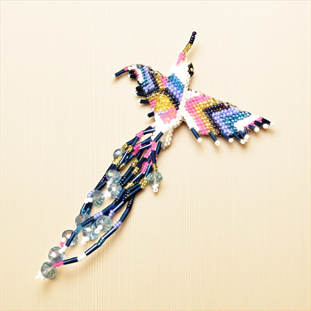 White and Blue Hummingbird Barrette with Fringes