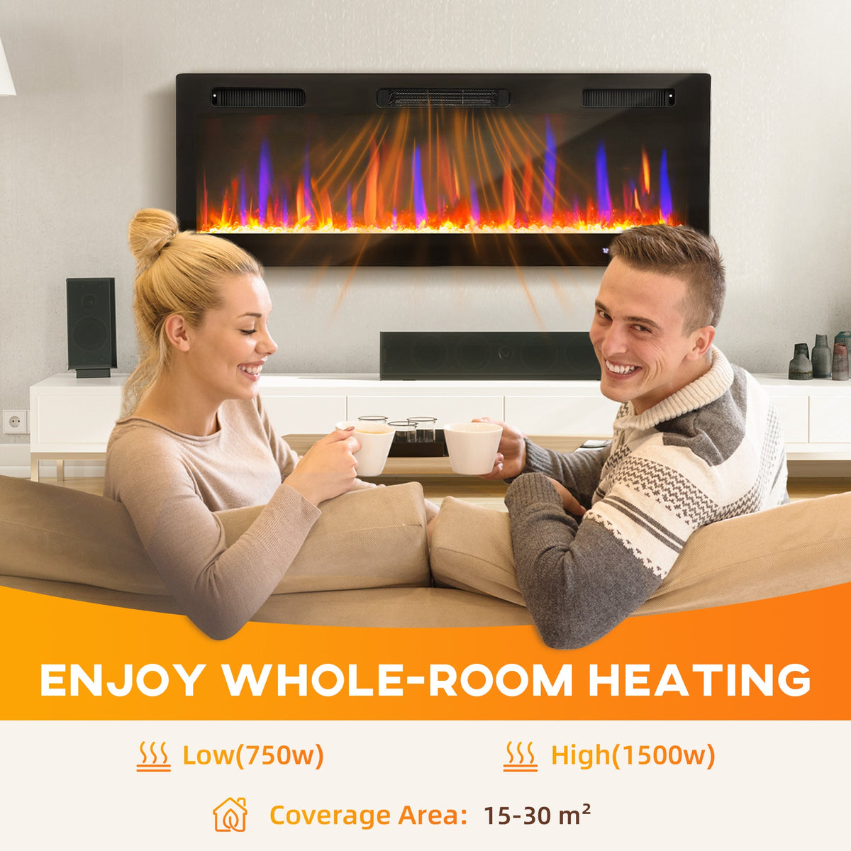 Marley 50" Thin Freestanding/Wall Mounted Electric Fireplace Heater with Eco Mode