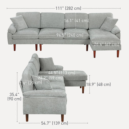 L-Shape Sofa, Modern Sectional Couch with Changeable Chaise Lounge, Pillows and Wooden Legs for Living Room, Grey