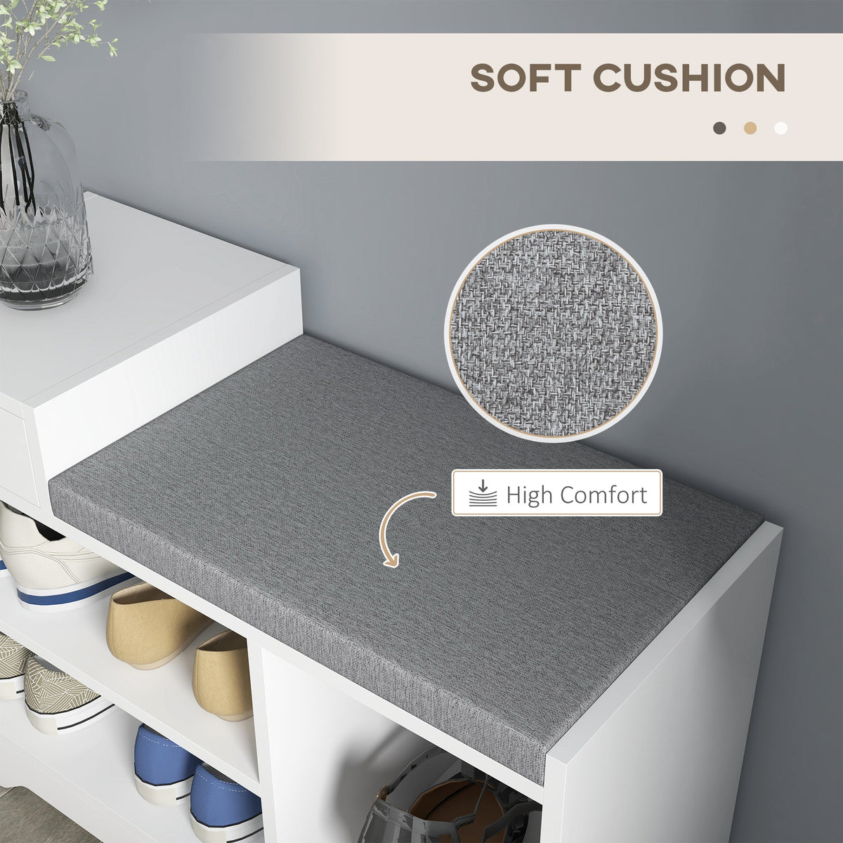 Upholstered Shoe Storage Bench, Hallway Shoe Storage with Seat, Drawer, 3 Open Shelves for Entryway, Grey