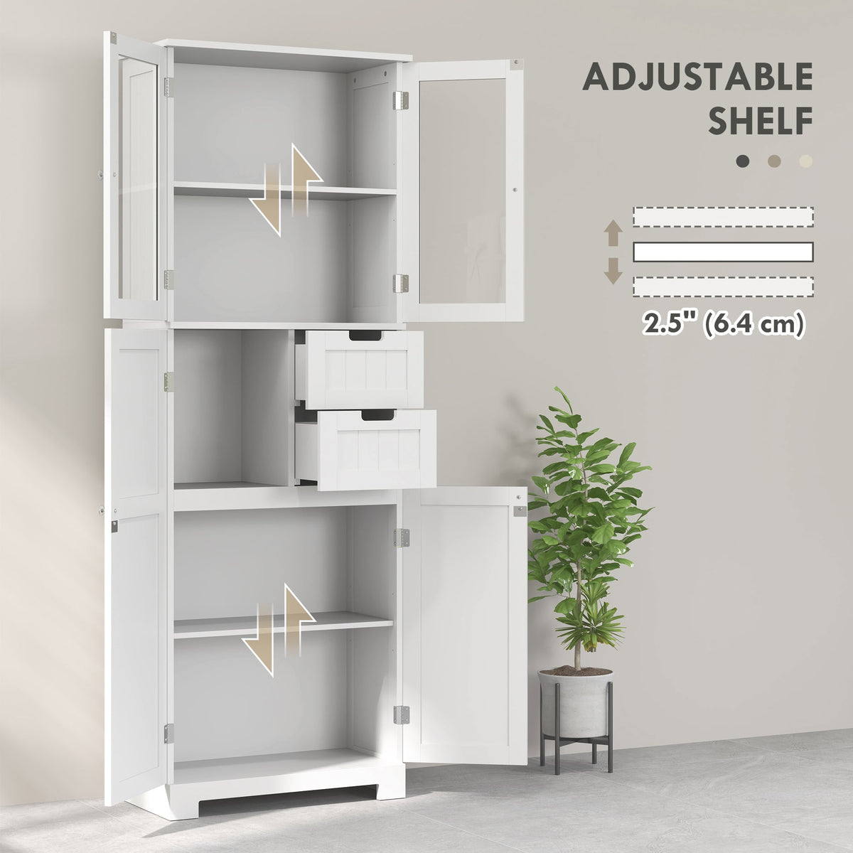 Floor Bathroom Storage Cabinet, Tall Bathroom Cabinet with Adjustable Shelves, for Kitchen, Living Room, White