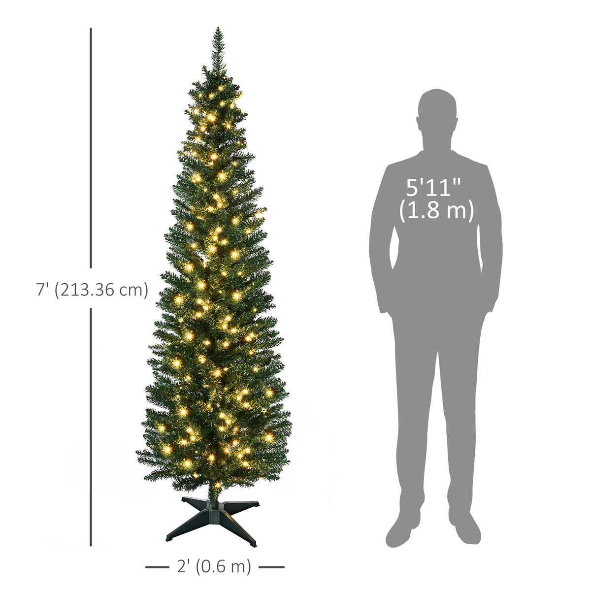6' Pre Lit Artificial Pencil Christmas Trees, Xmas Tree with Realistic Branches and Warm White LED Lights, Green