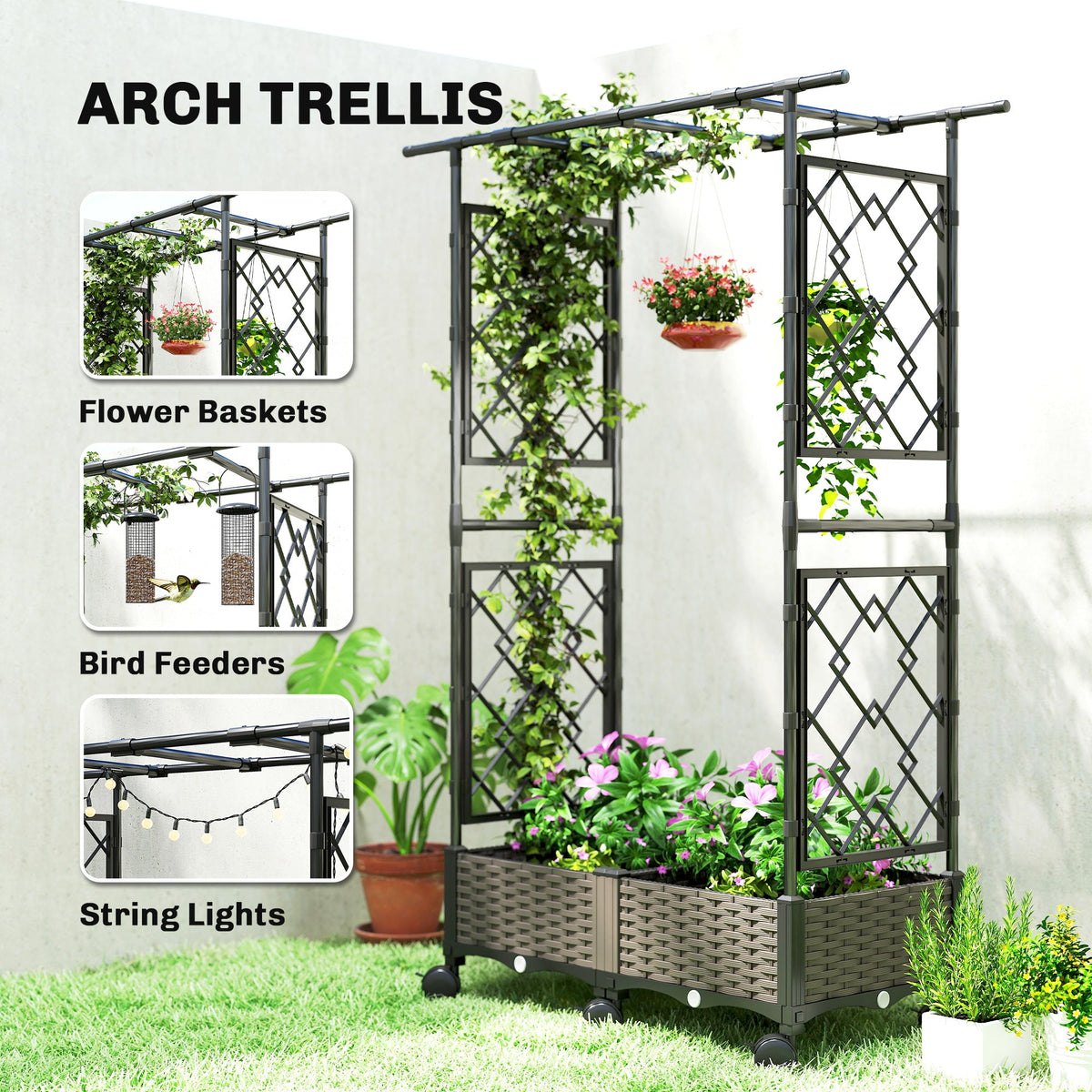 Raised Garden Bed with Arch Trellis, Raised Bed for Garden on Wheels with Side Trellis for Climbing Plants, Flowers
