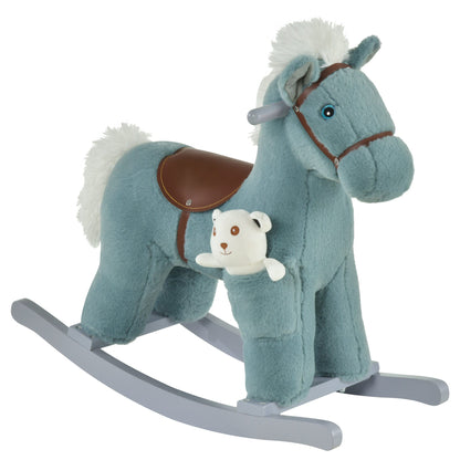 Kids Rocking Horse Plush Animal on Wooden Rockers with Sounds, Wooden Base and Bear Toy, Baby Rocking Chair, Brown