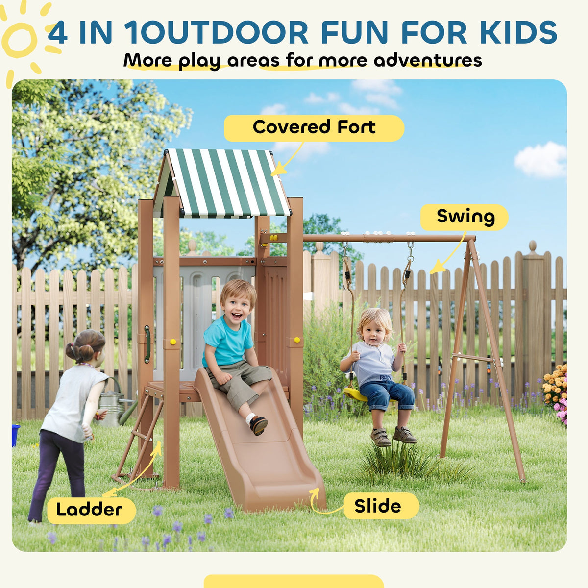 4-in-1 Kids Swing Set for Playground with Slide, Covered Fort, Climbing Ladder, Ground Stakes, for Kids Ages 3-8, Brown