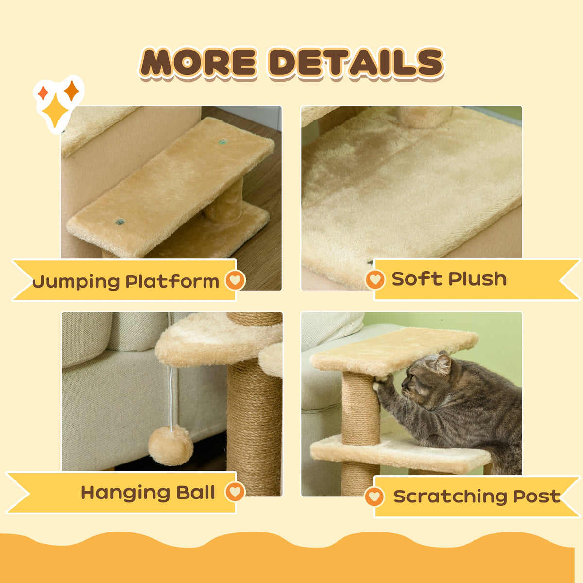 Cat Stairs Pet Steps for Couch Bed with Scratching Posts Condo Ball Toy, 23.6" x 15.7" x 26", Grey