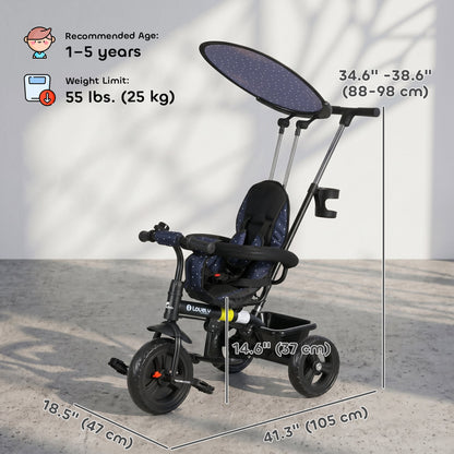 6 in 1 Kids Tricycle with Removable Handlebar and Canopy, Navy Blue